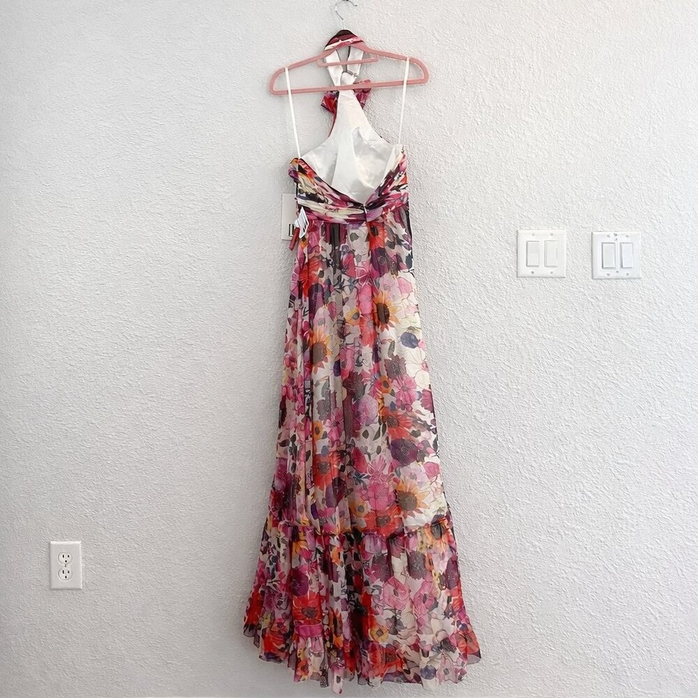 Mac Duggal Floral Halter Asymmetrical Evening Gown in Pink, Purple, Orange - Picture 4 of 4